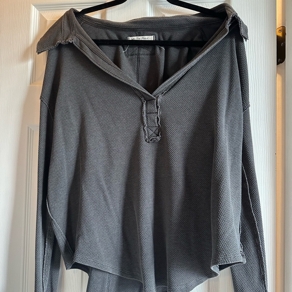We The Free Washed Charcoal V-Neck Waffle Knit Top